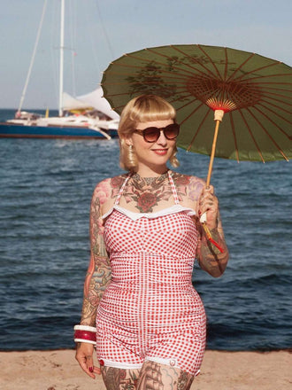 KARIERTER EINTEILIGER BADEANZUG MIT NECKHOLDER UND BOWKNOT