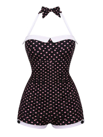 Schwarz & Rosa 1950er Polka Dots Schleife Neckholder Badeanzug