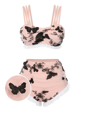 Beige 1950er Netz Schmetterling Bikini Set