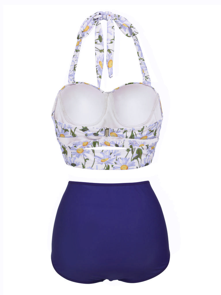 [Vorverkauf] Blau 1950er Floral Neckholder Schnür Bikini Set