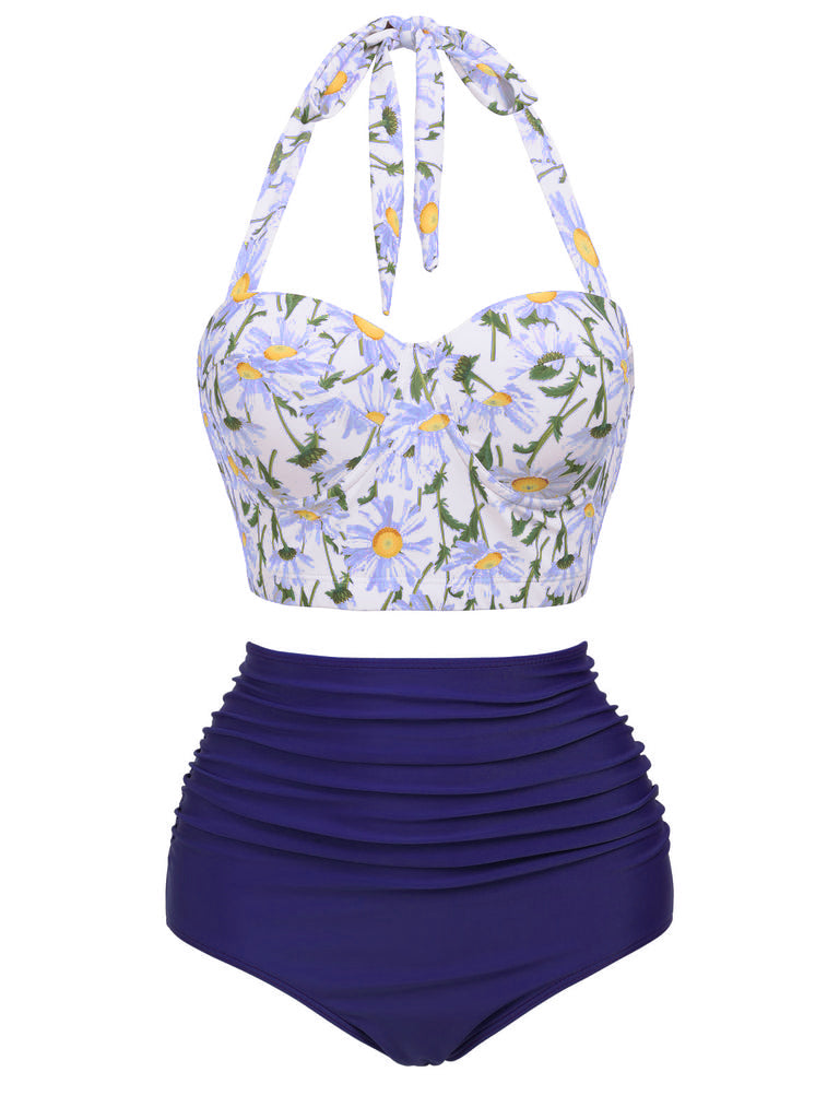 [Vorverkauf] Blau 1950er Floral Neckholder Schnür Bikini Set