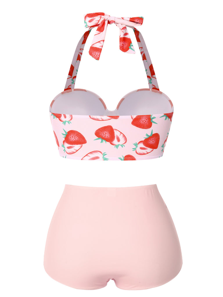 50er Erdbeeren Neckholder Bikini Set mit Schnürung und Raffung