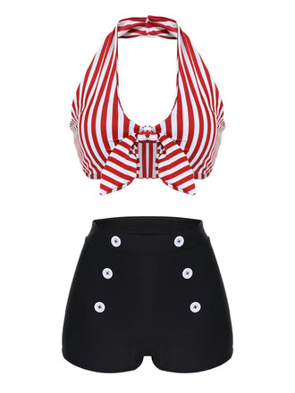 Rot 1950er Retro Halter Streifen Bikini Set