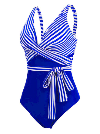 [Übergröße] STREIFEN PATCHWORK-SCHNÜRUNG BADEANZUG