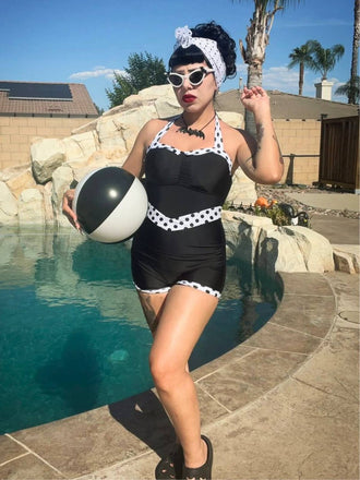 Schwarz 1940er Halter Patchwork Einteiliger Badeanzug