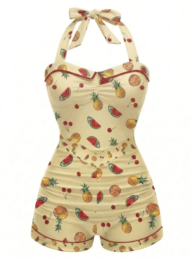 Grün 1940er Halter Patchwork Einteiliger Badeanzug