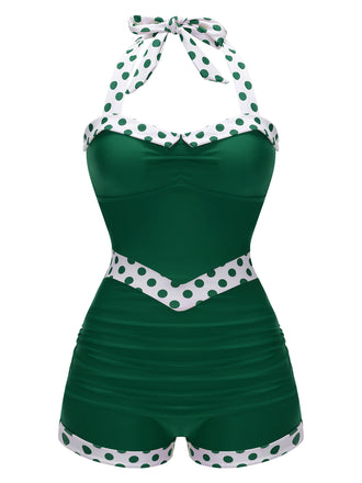 Grün 1940er Halter Patchwork Einteiliger Badeanzug