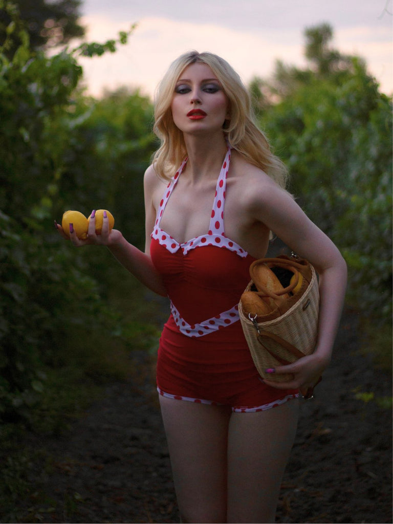 Roter 1940er Halter Patchwork Einteiliger Badeanzug