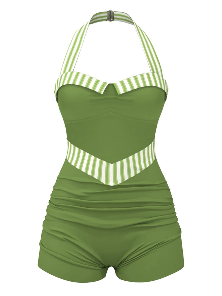 Grün 1940er Streifen Patchwork Halter Badeanzug