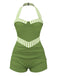 Grün 1940er Streifen Patchwork Halter Badeanzug