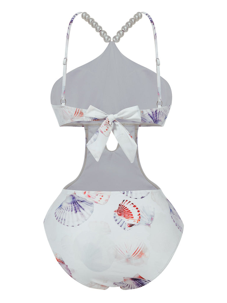 Lila 1970er Perle Muscheldruck Ausgehöhlter Träger Badeanzug