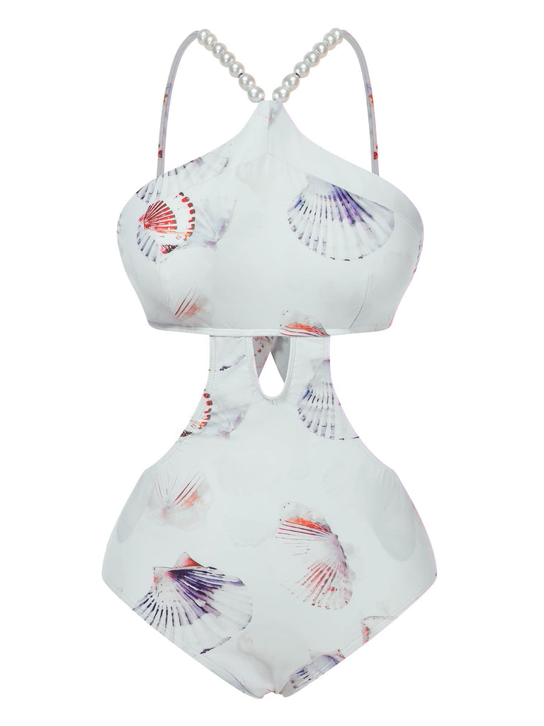 Lila 1970er Perle Muscheldruck Ausgehöhlter Träger Badeanzug