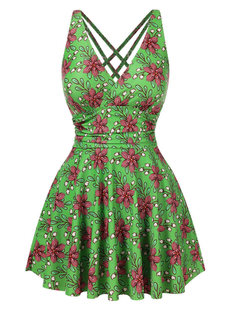 Grün 1940er V-Ausschnitt Blumen Gerüschte Taille Badeanzug