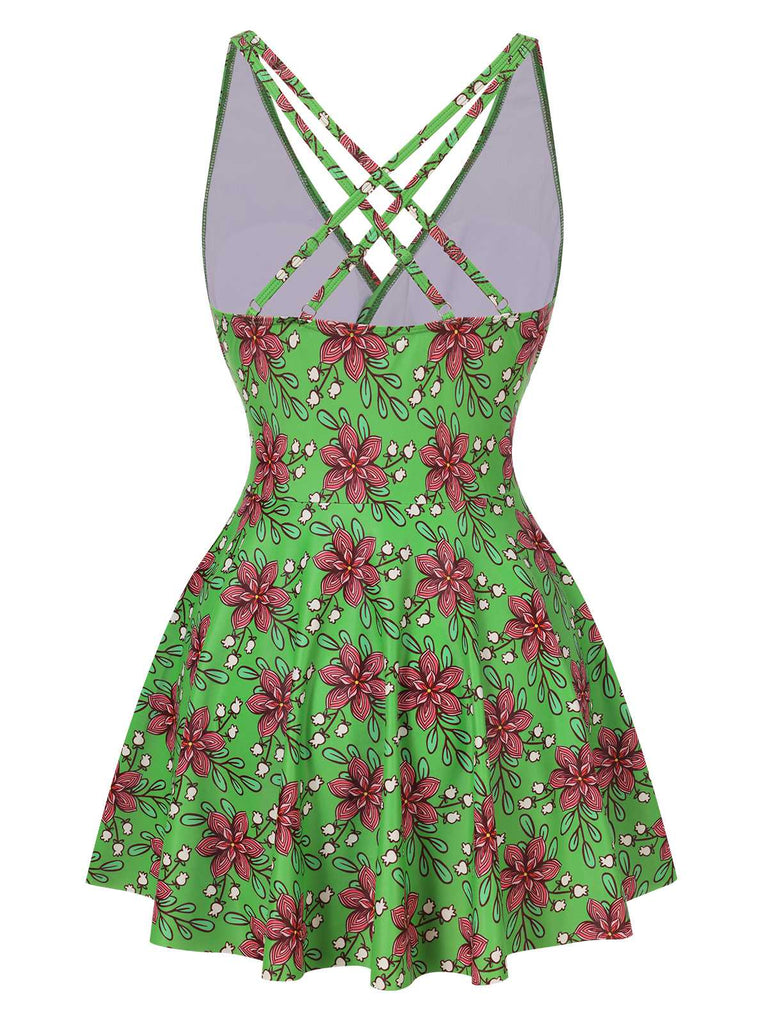 Grün 1940er V-Ausschnitt Blumen Gerüschte Taille Badeanzug