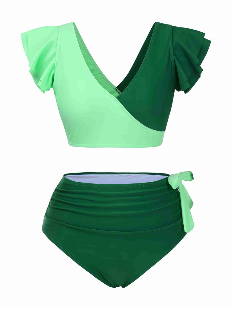 1950er Farbblock Rüschen Gerüschtes Bogen Bikini Set