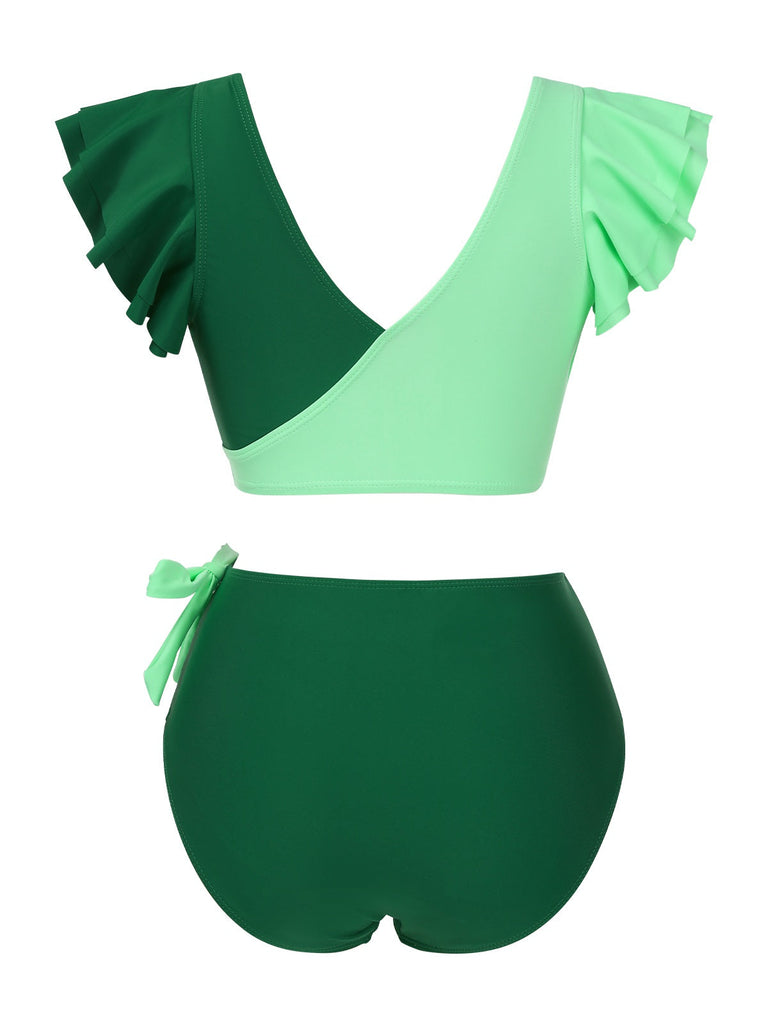 1950er Farbblock Rüschen Gerüschtes Bogen Bikini Set