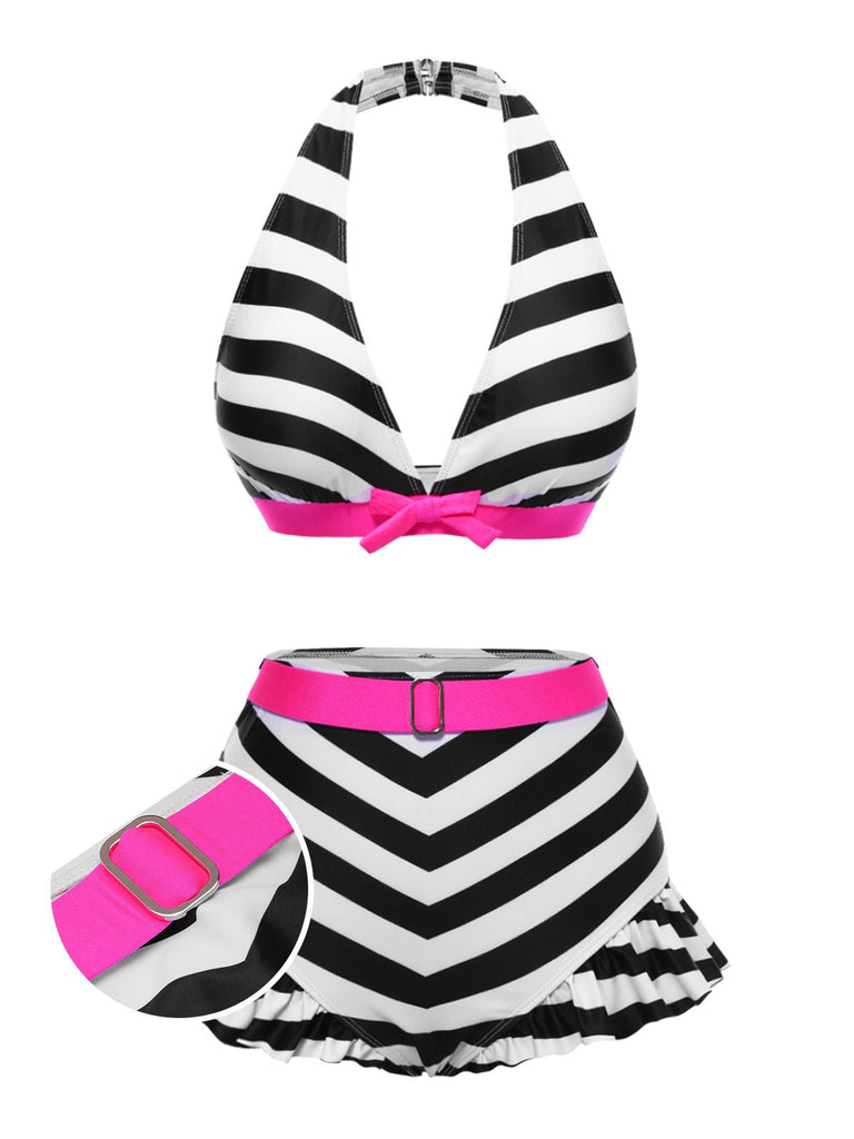 Schwarz 1950er Kontrast Bogen Rüschen Streifen Bikini