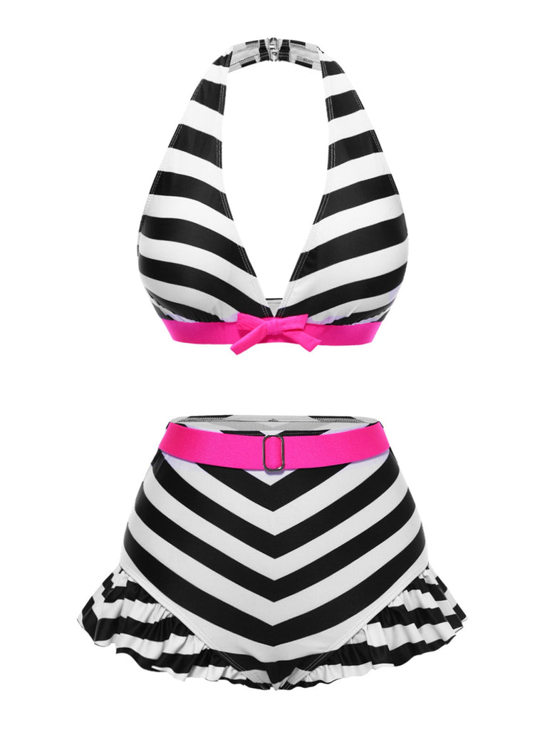 Schwarz 1950er Kontrast Bogen Rüschen Streifen Bikini