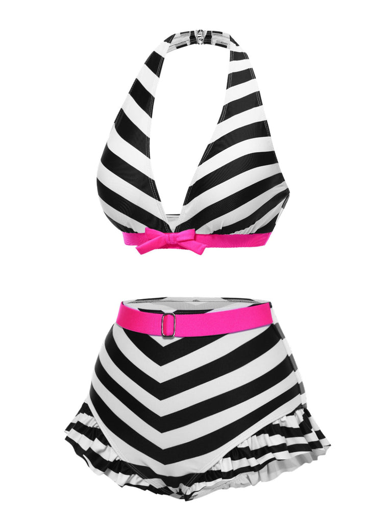 Schwarz 1950er Kontrast Bogen Rüschen Streifen Bikini