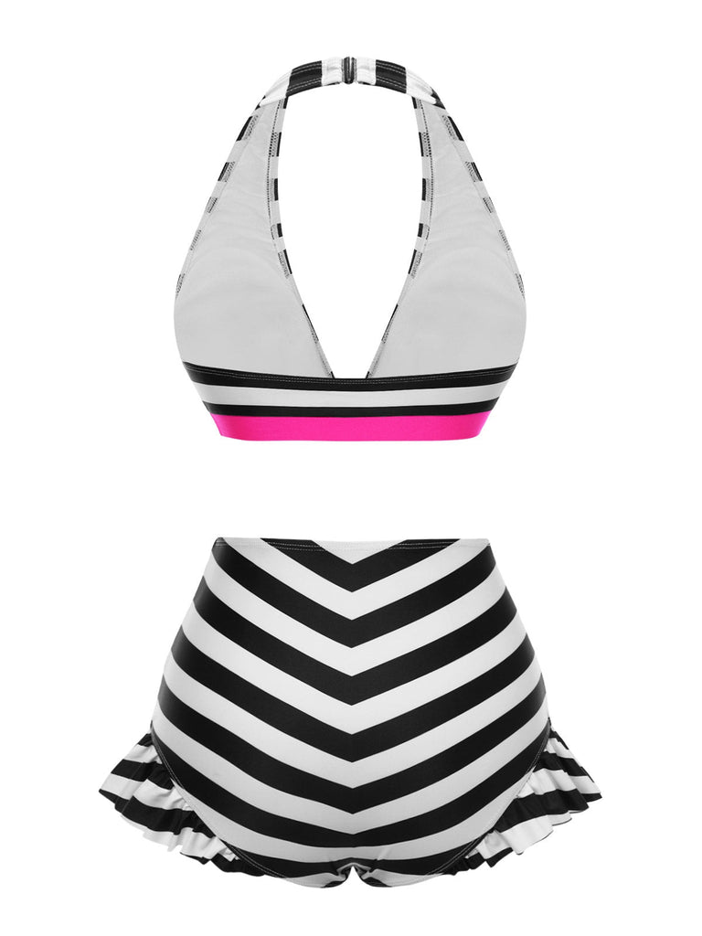 Schwarz 1950er Kontrast Bogen Rüschen Streifen Bikini