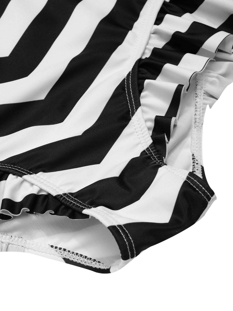 Schwarz 1950er Kontrast Bogen Rüschen Streifen Bikini