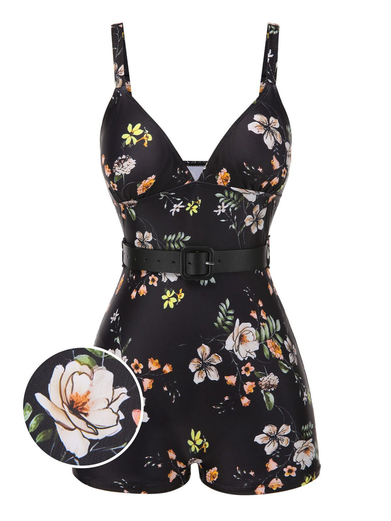 Schwarz 1940er Blumen Boxer Träger Badeanzug