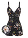 Schwarz 1940er Blumen Boxer Träger Badeanzug