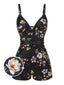 Schwarz 1940er Blumen Boxer Träger Badeanzug