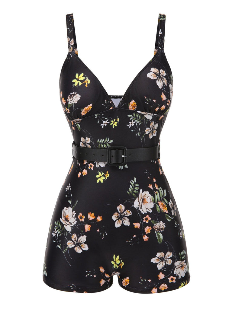 Schwarz 1940er Blumen Boxer Träger Badeanzug