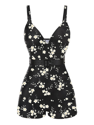 Schwarz & Weiß 1940er Blumen Boxer Träger Badeanzug