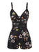 Schwarz 1940er Blumen Boxer Träger Badeanzug
