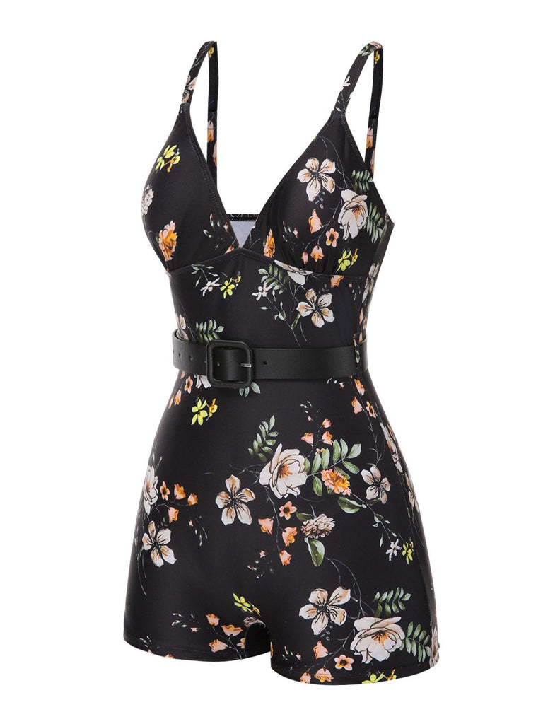 Schwarz 1940er Blumen Boxer Träger Badeanzug
