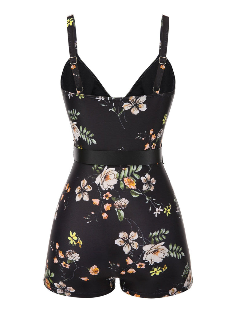 Schwarz 1940er Blumen Boxer Träger Badeanzug