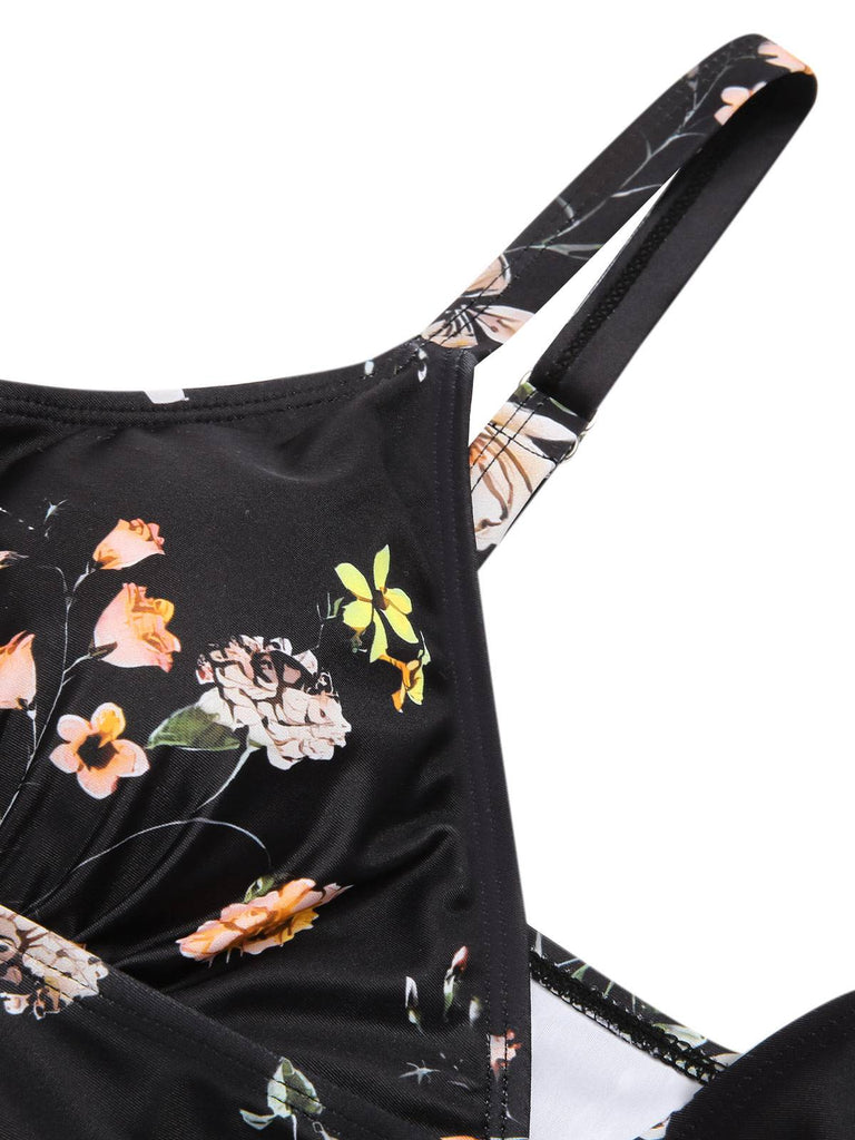 Schwarz 1940er Blumen Boxer Träger Badeanzug