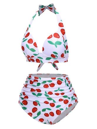 Weiß 1930er Rot Kirsche Gerüschtes Halter Bikini Set