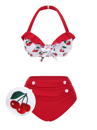 Rot 1950er Halter Rüschen Kirsche Bikini Set