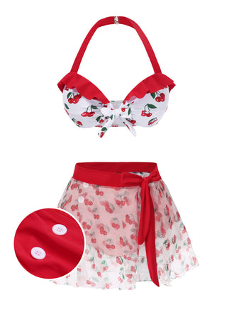 2PCS Rot 1950er Kirsche Bikini & Taille-Binden Cover up