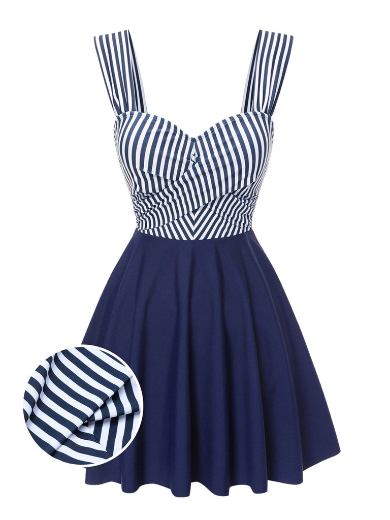 [Vorverkauf] Blau 1940er Breit-Träger Streifen Badekleid