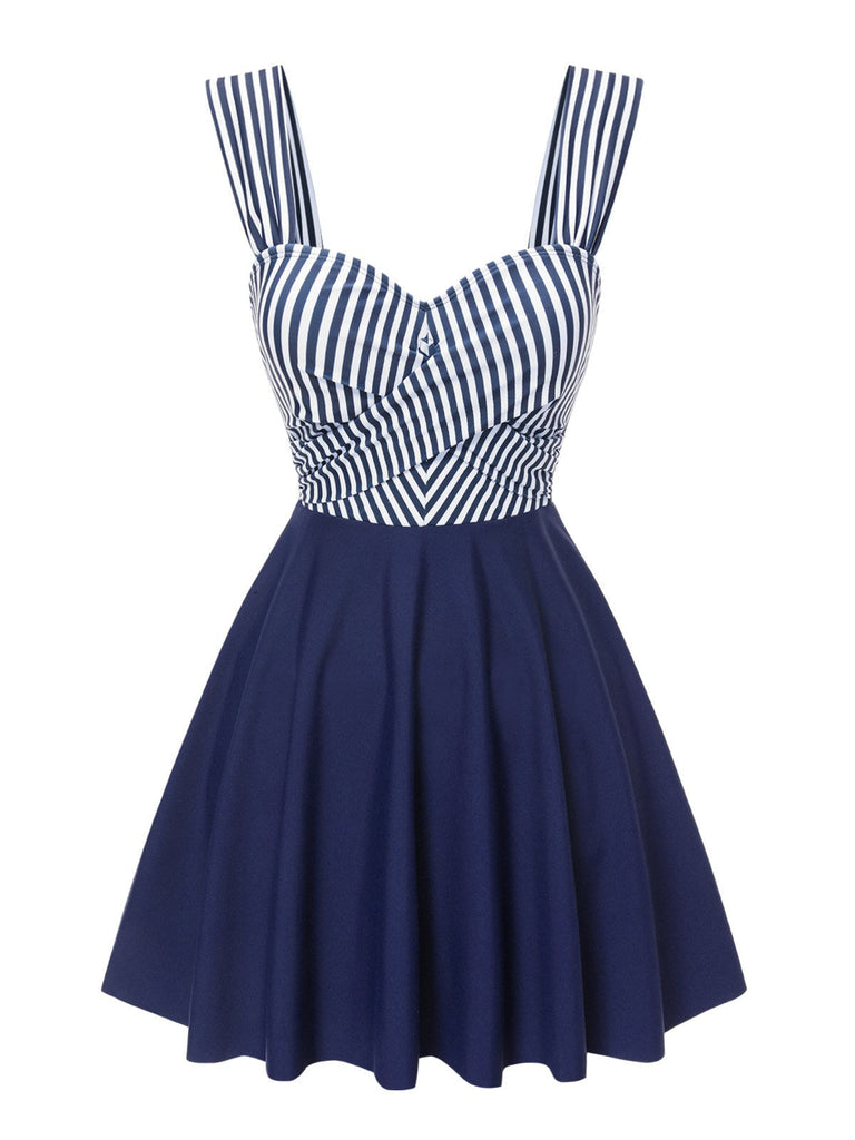 [Vorverkauf] Blau 1940er Breit-Träger Streifen Badekleid