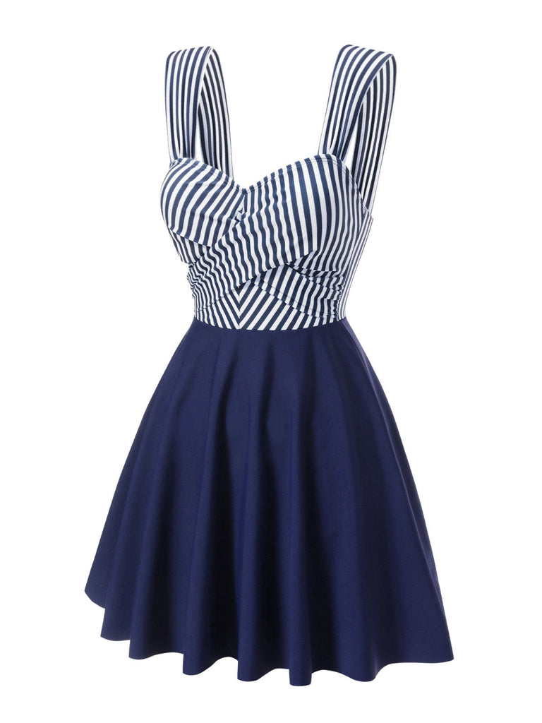 [Vorverkauf] Blau 1940er Breit-Träger Streifen Badekleid