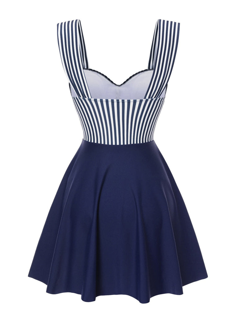 [Vorverkauf] Blau 1940er Breit-Träger Streifen Badekleid