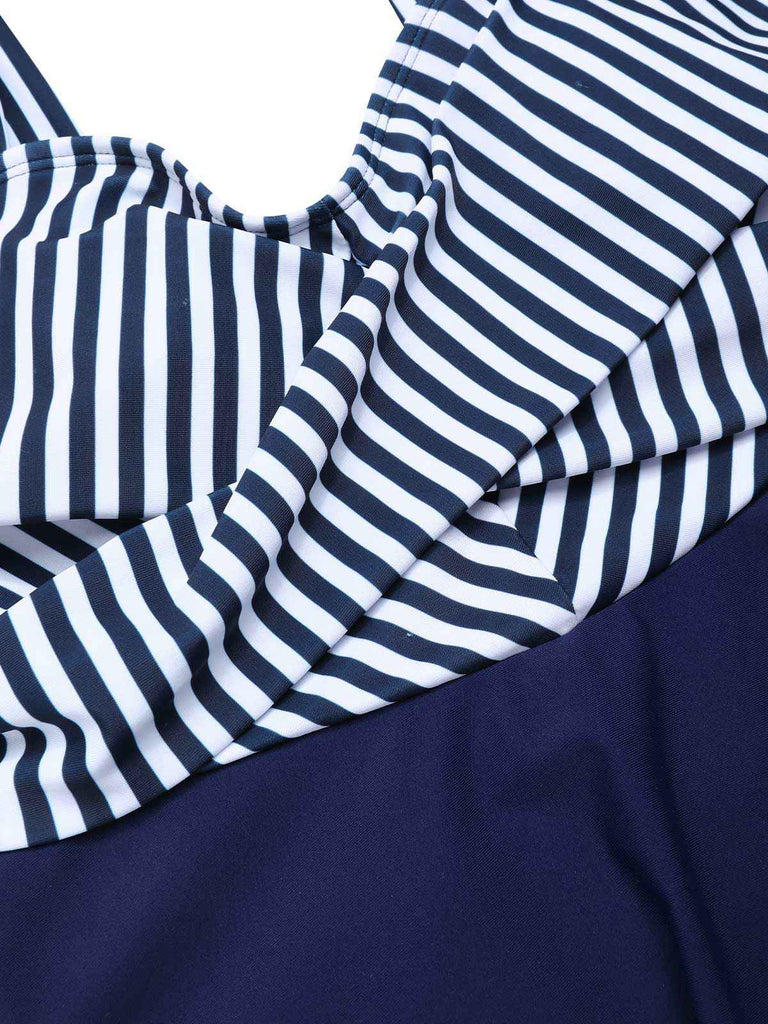 [Vorverkauf] Blau 1940er Breit-Träger Streifen Badekleid