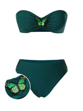 Grün 1960er 3D-Schmetterling Bandeau Bikini Set