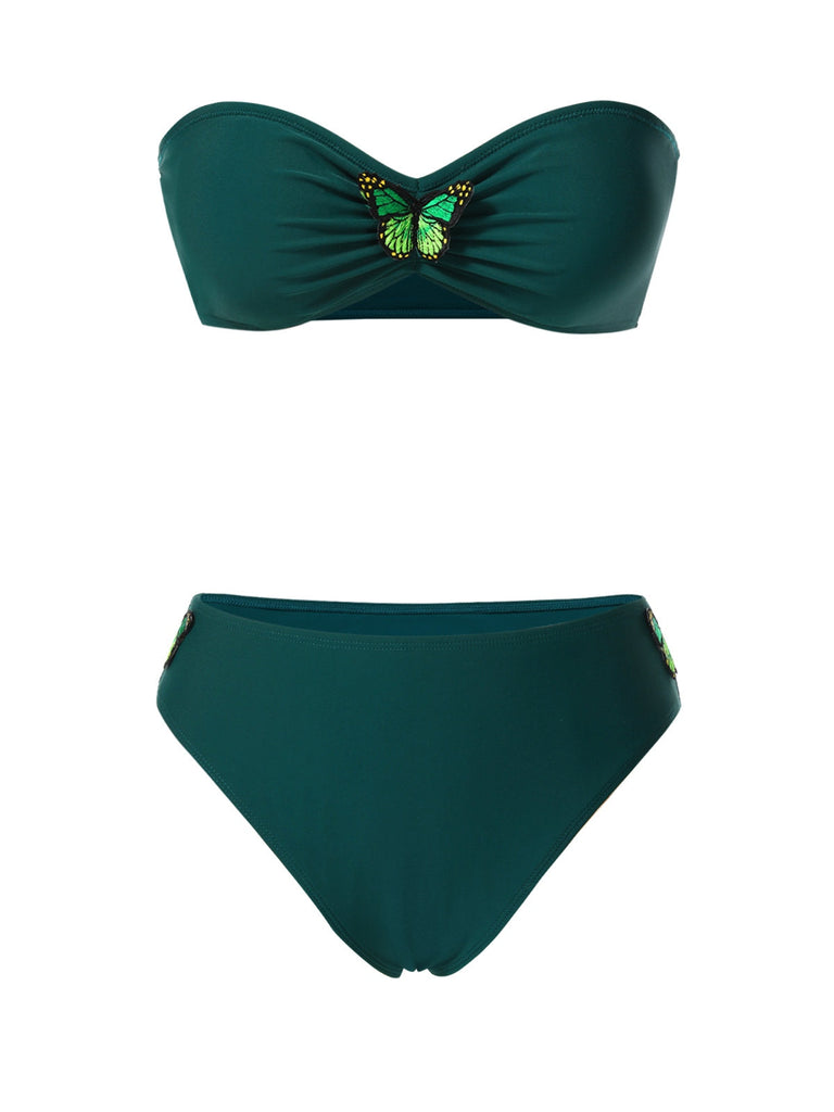 [Vorverkauf] Grün 1960er 3D-Schmetterling Bandeau Bikini Set