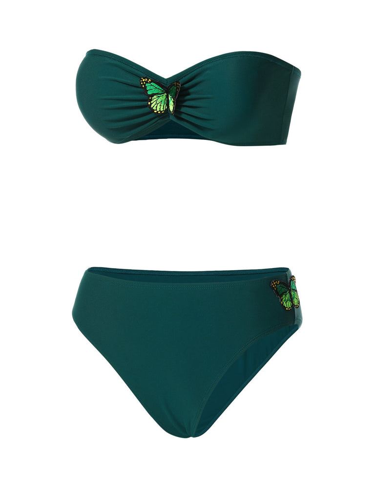 [Vorverkauf] Grün 1960er 3D-Schmetterling Bandeau Bikini Set