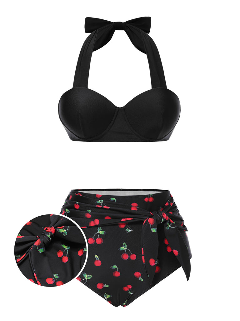 Schwarz 1950er Halter Kirsche Bikini Set