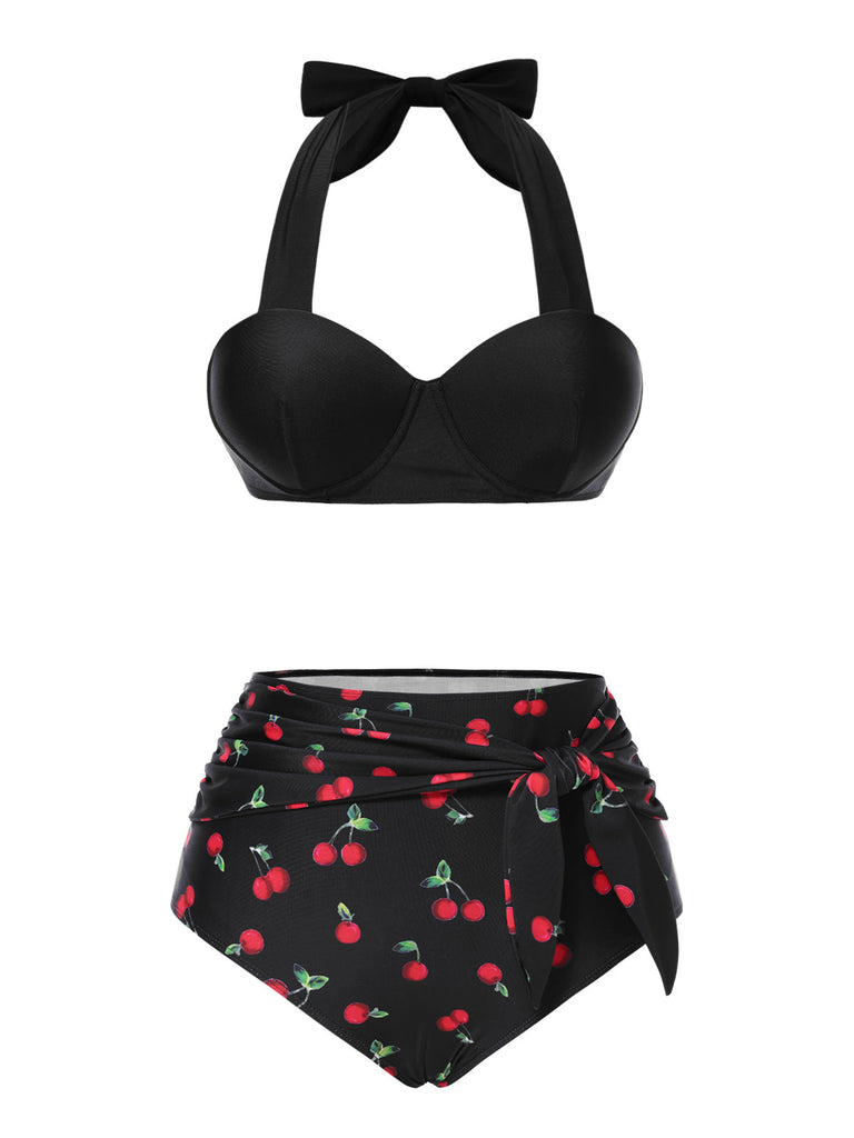 Schwarz 1950er Halter Kirsche Bikini Set