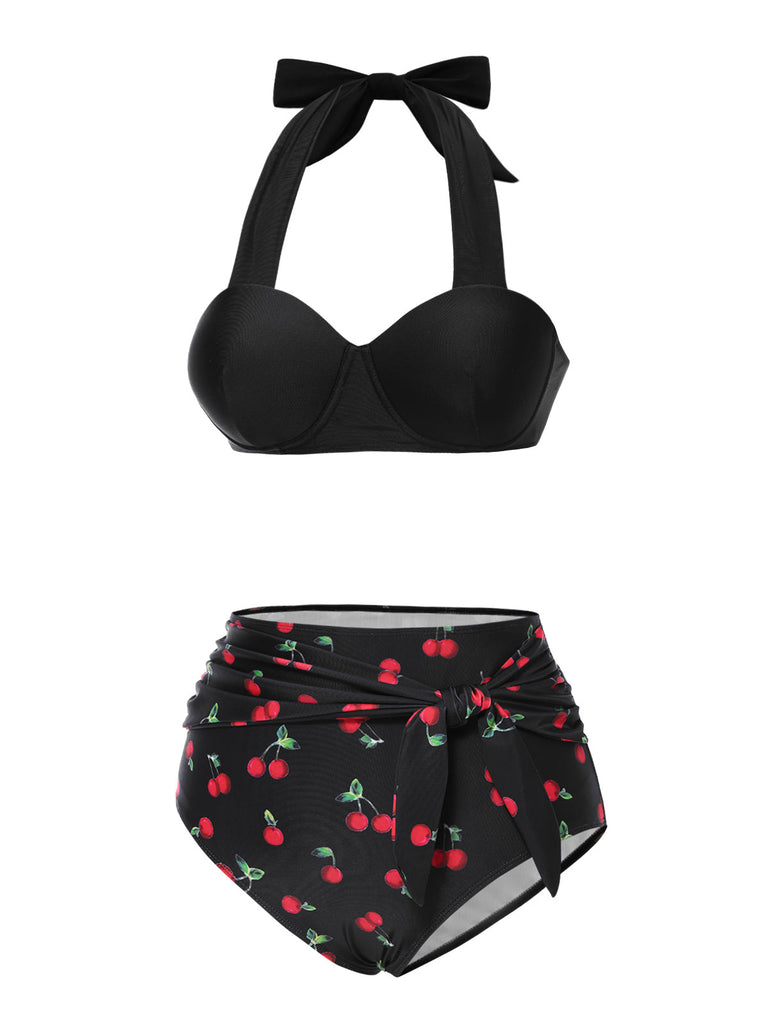 Schwarz 1950er Halter Kirsche Bikini Set