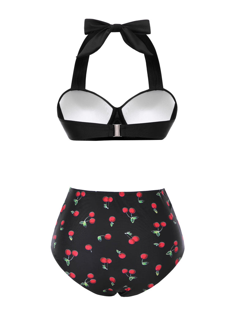 Schwarz 1950er Halter Kirsche Bikini Set