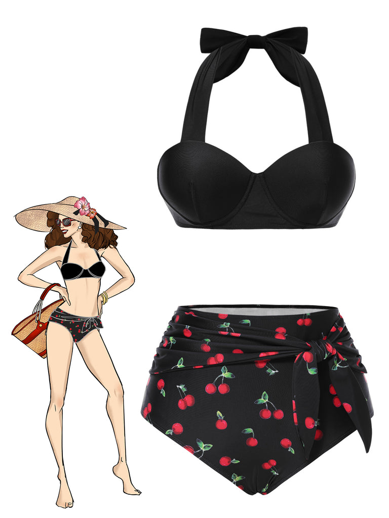 Schwarz 1950er Halter Kirsche Bikini Set